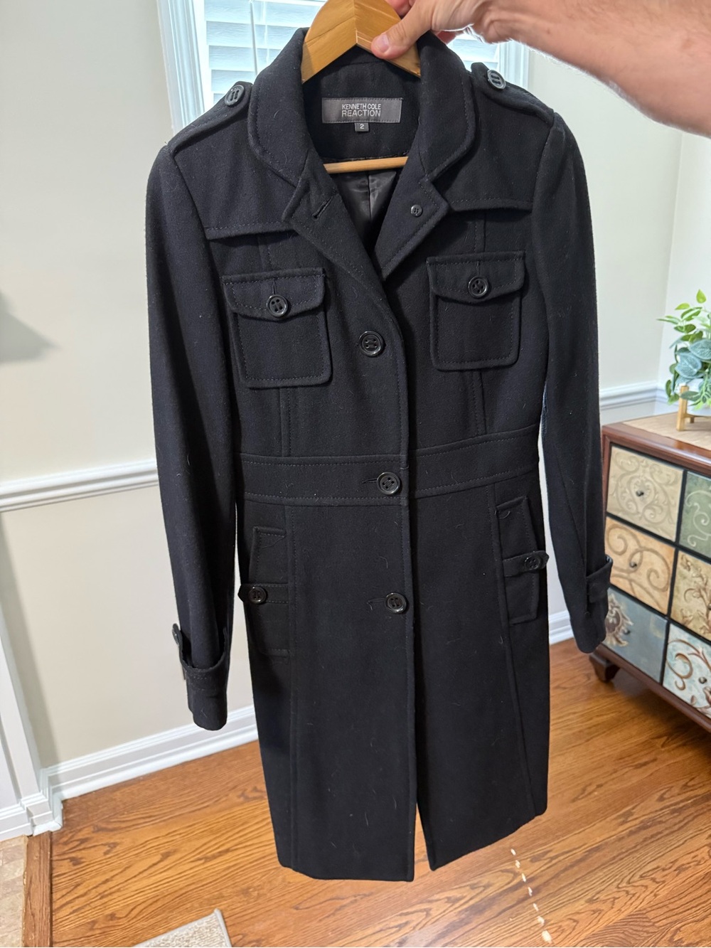 Kenneth Cole Black Military-Style Wool Blend Pea Coat